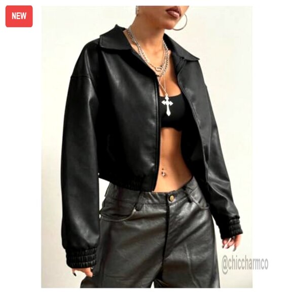 Faux Leather Motorcycle Jacket Crop Zip Up Drop Shoulder Streetwear - Picture 5 of 5